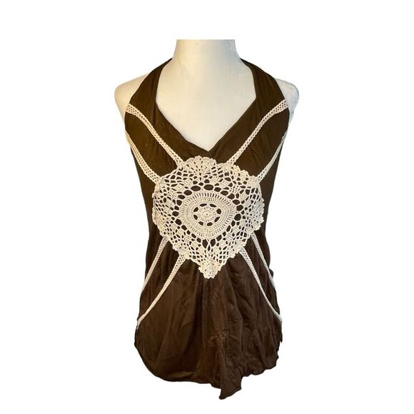 Lily White Crochet Embellished Tank Top Brown Cream Knit Halter Sleeveless M - Picture 1 of 6